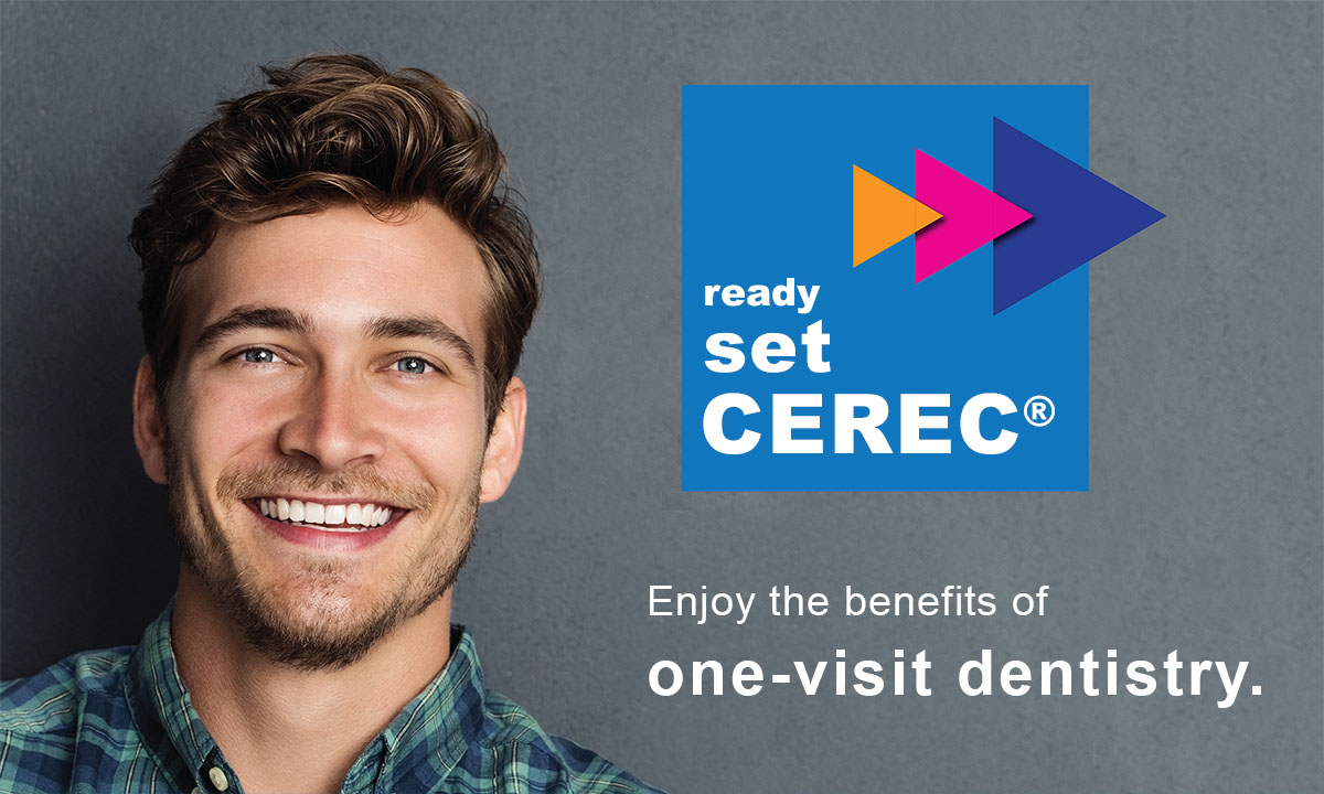 The image shows a man smiling at the camera with text overlaying the lower portion. The text includes a logo for SET DENTAL, an invitation to enjoy the benefits of revisit dentistry, and a promotion for CEREC   dental technology.