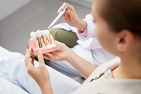 A woman holding a model set of teeth with a toothbrush, while another person looks on, possibly in a dental office setting.